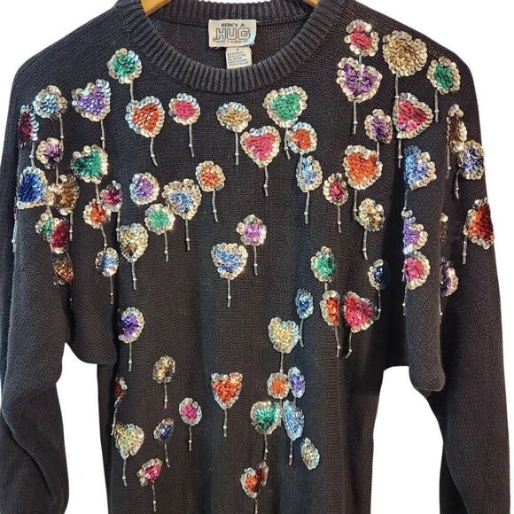 Vintage 80's Here's A Hug black sweater sequin hearts beaded dangle size small - Picture 2 of 5